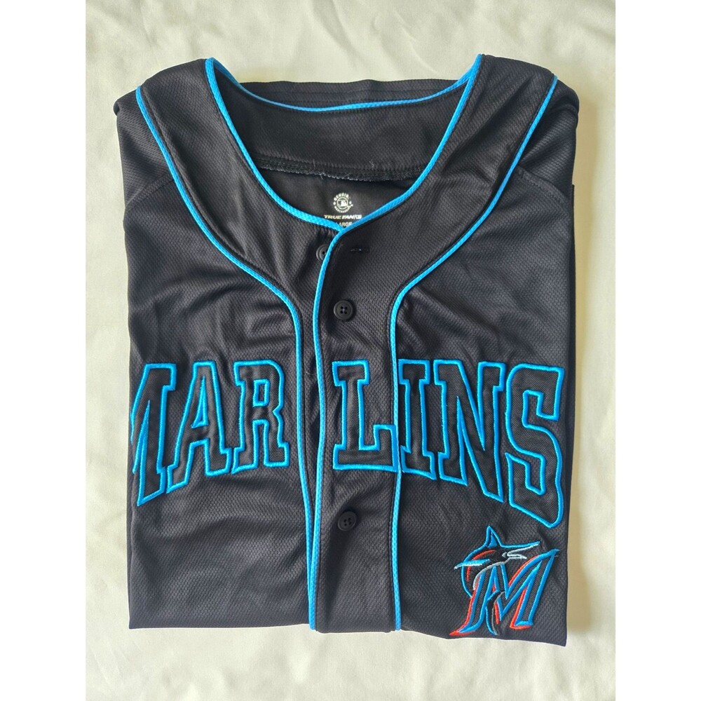 True Fan Florida Marlins MLB Baseball Jersey Black/Blue Trim Size L